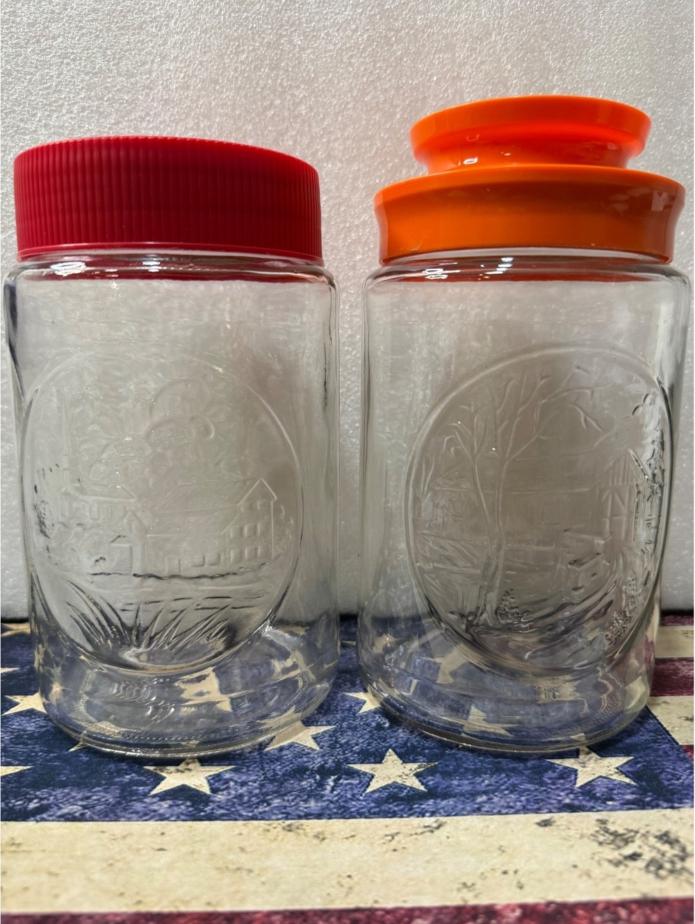 Vintage 1970s Anchor Hocking TANG Canisters Church Bridge Glass Jars Set 2